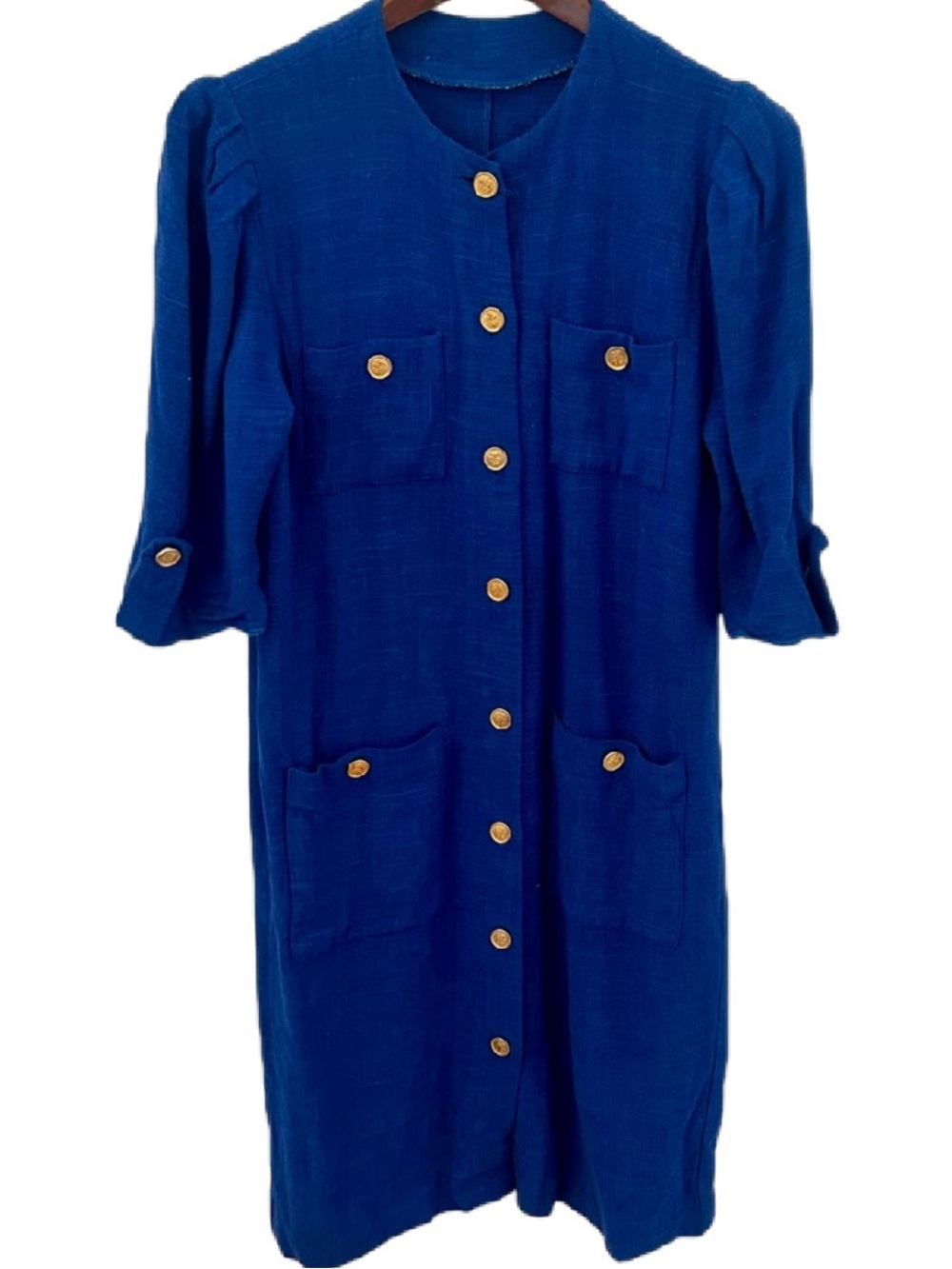 Vintage Cobalt Blue Linen Blend Button Front Dress – Size 2 – Made in France